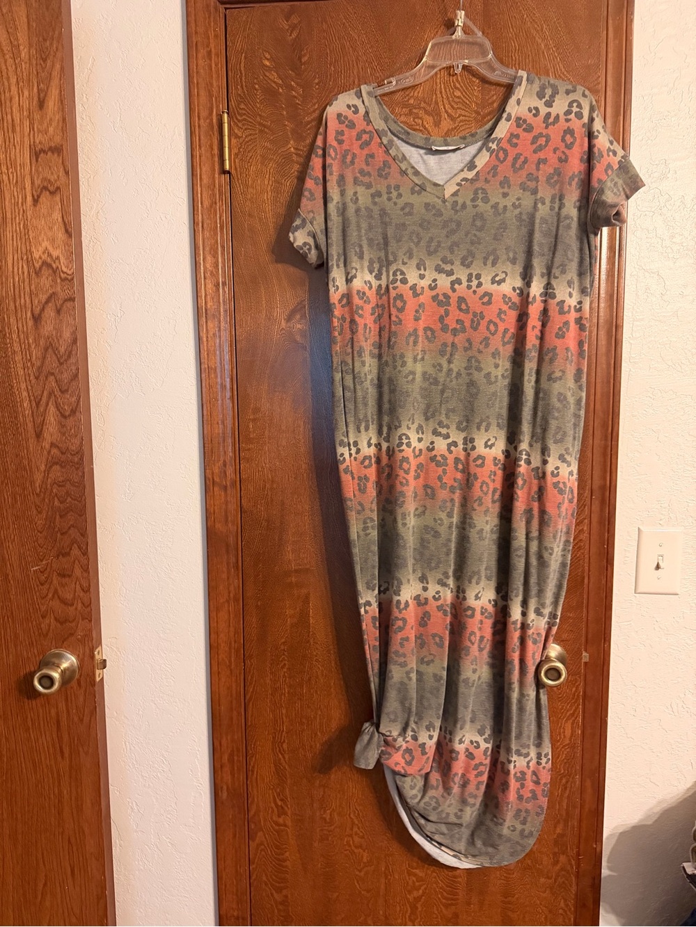 Casual Leopard Stripe Maxi Dress in Olive and Coral
